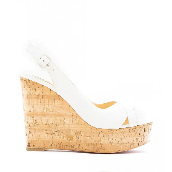Christian Louboutin Reine De Liege 120 White Cork Platform Wedge Sandal Heel 42 - Picture 5 of 11